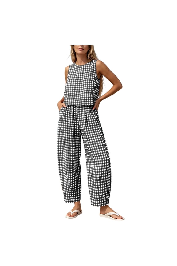 Women's Two Piece Sets Pull Over Tank Top and Straight Leg Pants Set Casual Summer Checkered Print Outfits