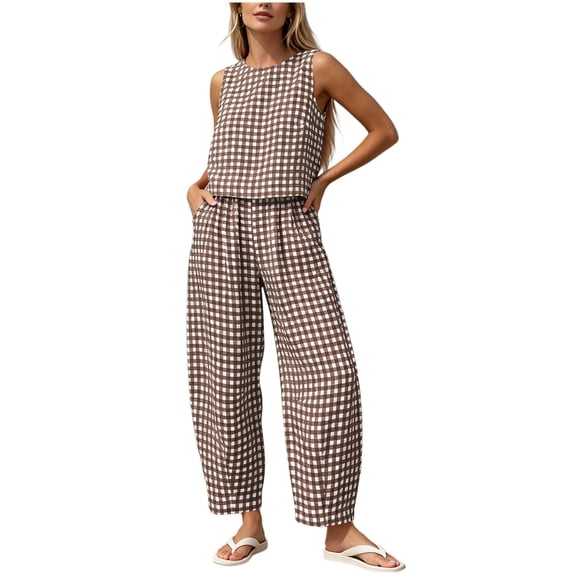 Iyufng Women's Two Piece Sets Pull Over Tank Top and Straight Leg Pants Set Casual Summer Checkered Print Outfits