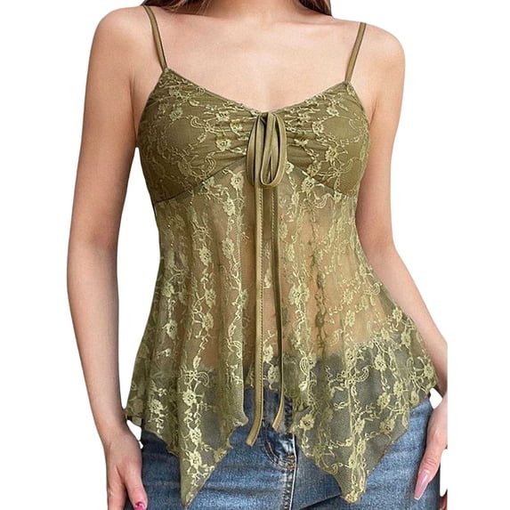 Iyufng Women's V Neck Front Drawstring Tie Sheer Lace Tank Tops Irregular Hanky Hem Solid Elegant Daily Camisole