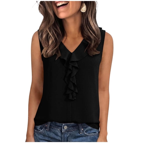 Iyufng Women's V Neck Front Ruffle Sleeveless Tank Top Loose Solid Office Elegant Casual Blouse