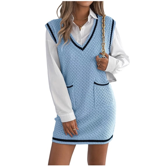 Iyufng Women's V Neck Sleeveless Knit Mini Dresses with Pockets, Women Loose Casual Preppy Dress for Fall Winter