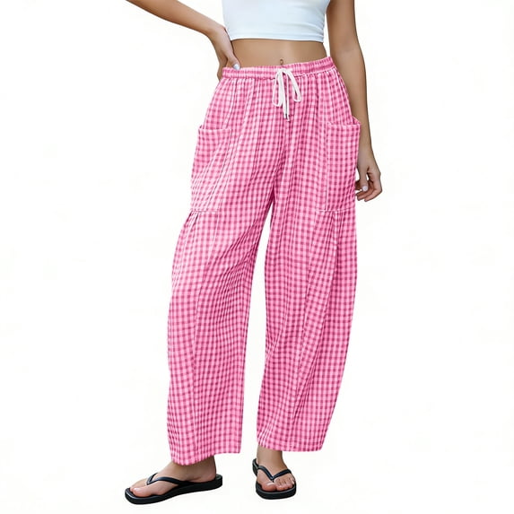 Iyufng Women's Wide Leg Pants Elastic Drawstring Checkered Pants Summer Casual Trousers with Pockets