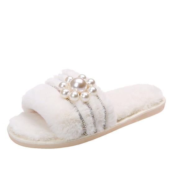 Iyufng Women's Winter Fluffy Fuzzy Open Toe Slippers Pearl Decor Soft Warm Plush Indoor House Slide Sandals
