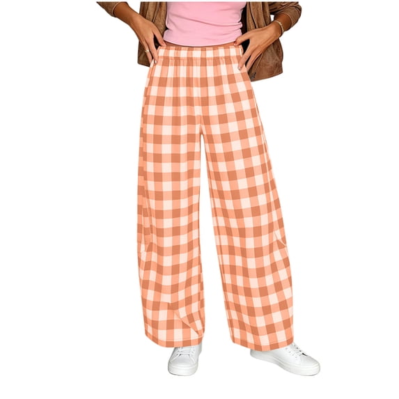 Iyufng Womens Checkered Print Wide Leg Pants Stretch Waistband with Pockets