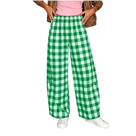 Iyufng Womens Checkered Print Wide Leg Pants Stretch Waistband with Pockets