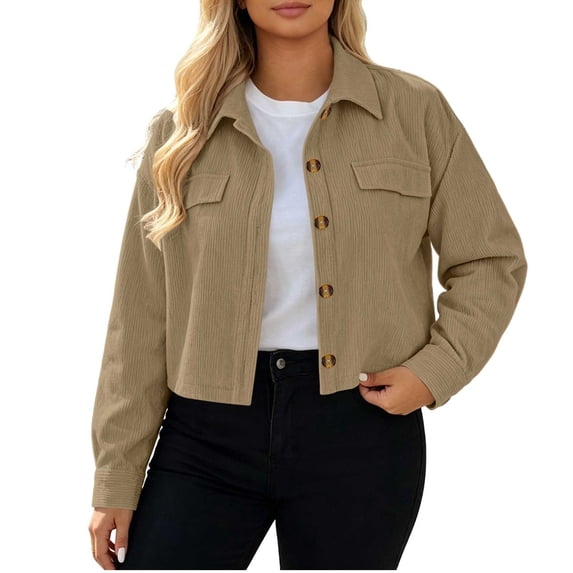 Iyufng Womens Collared Cropped Corduroy Jackets Button Down Open Front Long Sleeve Casual Shacket Outerwear