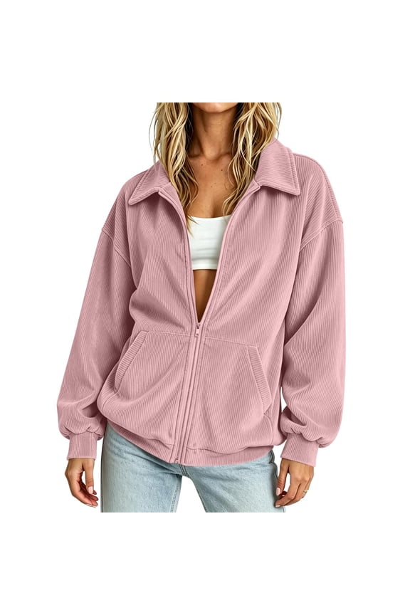 Womens Collared Vertical Rib Corduroy Zip Jackets Rib Pocket Oversized Long Sleeve Casual Outer Coat