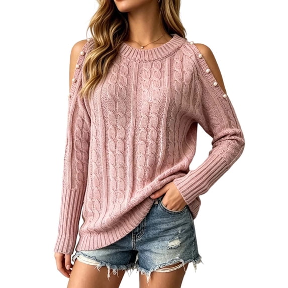 Iyufng Womens Crew Neck Pearl Cold Shoulder Cable Knit Pullover Sweaters Long Sleeve Casual Top