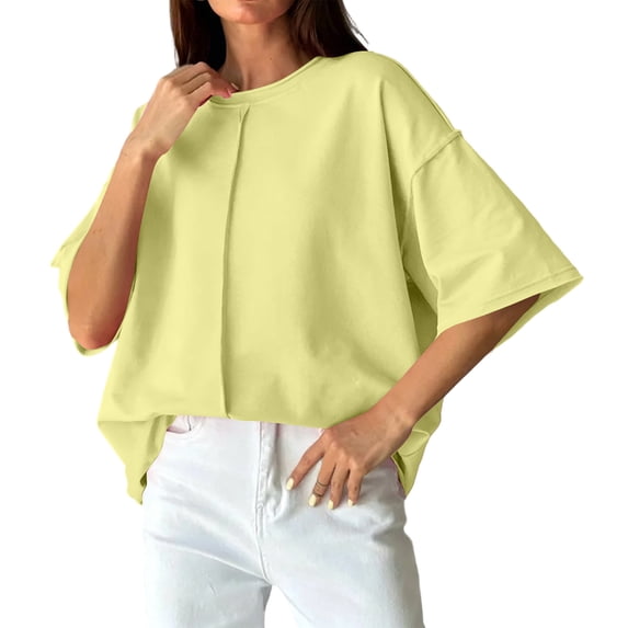 Iyufng Womens Crew Neck T-Shirt Front Vertical Seam Drop Shoulder Oversized Short Sleeve Loose Solid Casual Daily Top
