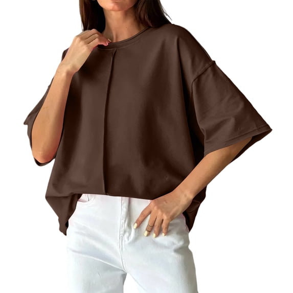 Iyufng Womens Crew Neck T-Shirt Front Vertical Seam Drop Shoulder Oversized Short Sleeve Loose Solid Casual Daily Top