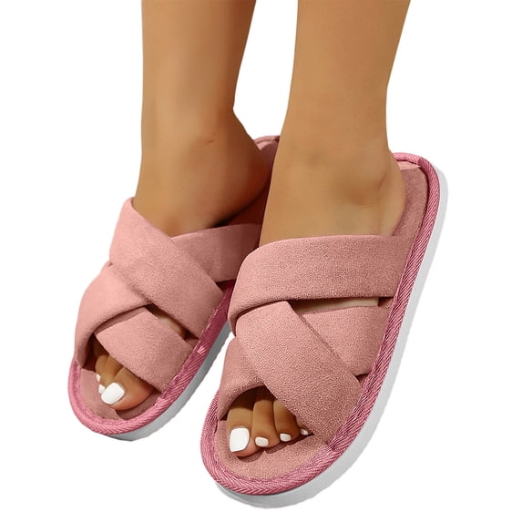 Iyufng Womens Criss Cross Strap Textile Slippers Soft Comfortable Open Toe Flat Warm Cozy Casual Indoor House Slide Sandals