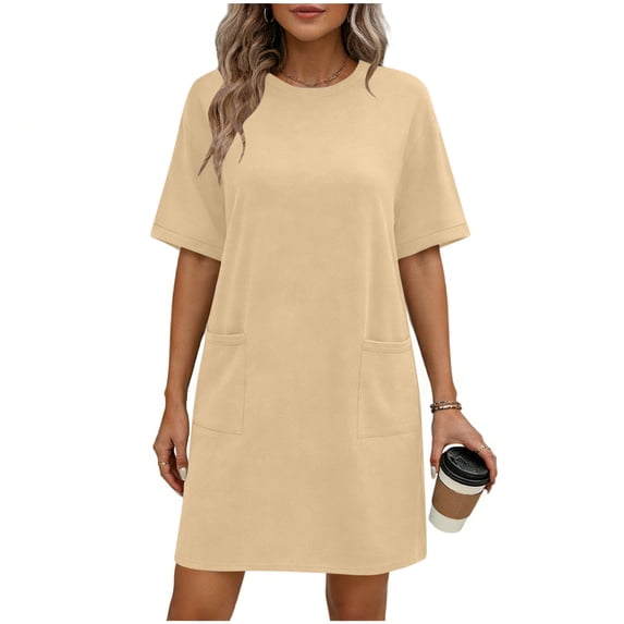 Iyufng Womens Dresses Summer Casual Loose Solid Color Round Neck Short Sleeve with Pockets