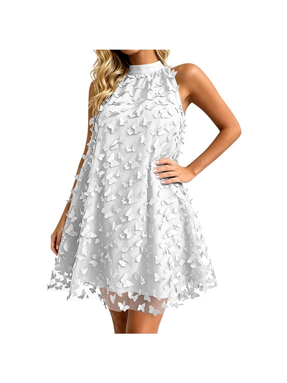 Womens Dresses Women's Mock Neck Sleeveless Short Dress with Butterfly Design