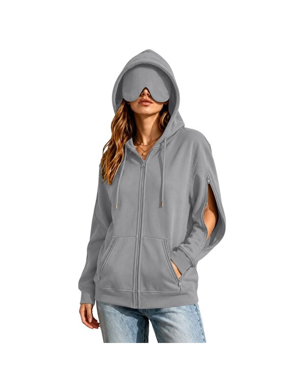Womens Eye Mask Drawstring Hoodie Zip Up Jackets Side Zip Long Sleeve Pocket Oversized Casual Sweat Outer Coat