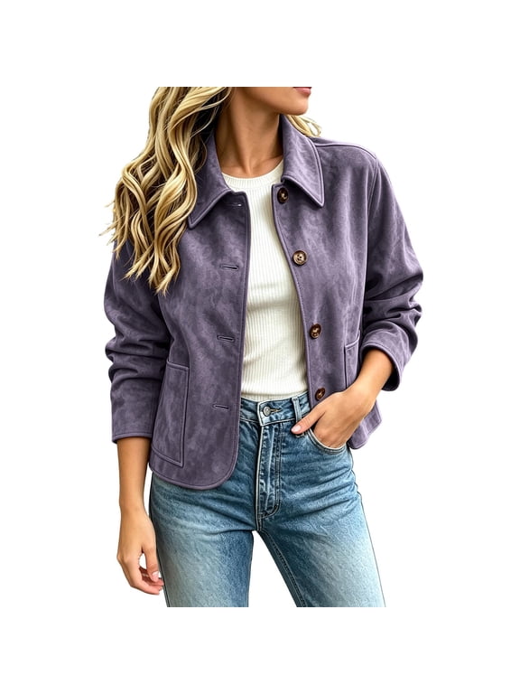 Womens Faux Suede Cropped Jackets Collared Long Sleeve Button Down Casual Shacket with Pockets