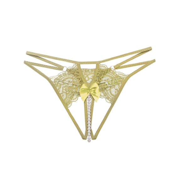 Iyufng Womens Hollow Floral Lace Open Crotch Pearl Cheeky Panties Low Rise Double Strap Thong Panties Underwear