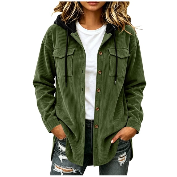 Iyufng Womens Hooded Corduroy Jackets Button Down Long Sleeve Casual Coat with Chest Pockets and Drawstring Hood