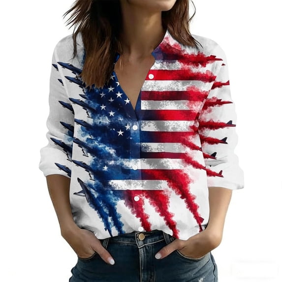 Iyufng Womens Independence Day Printed Tops Button Down Long Sleeve Collared Shirt