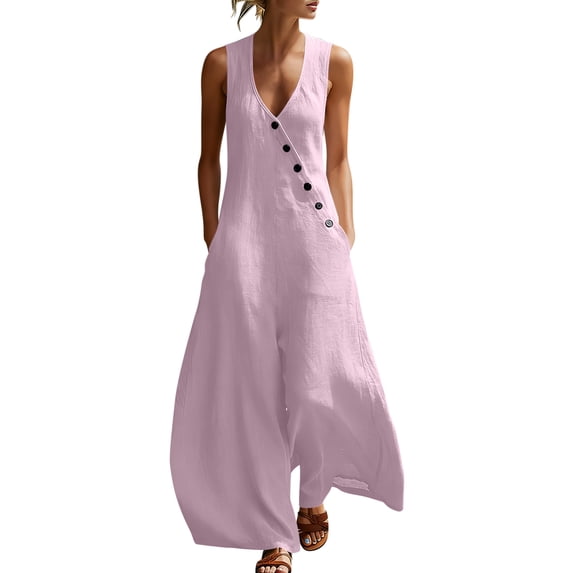 Iyufng Womens Jumpsuits Sleeveless Button Front Jumpsuits Summer Casual Loose Wide Leg Jumpsuits Overalls