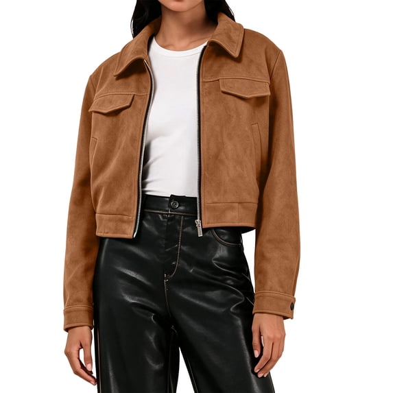 Iyufng Womens Lapel Suede Cropped Jackets Long Sleeve Zip Up Casual Short Coat with Side Pockets