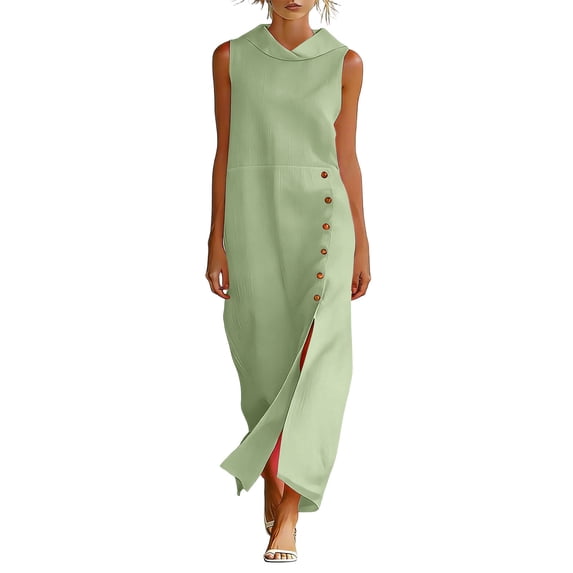 Iyufng Womens Maxi Dresses Summer Sleeveless Split Hem Dress Casual Cotton Linen Dress