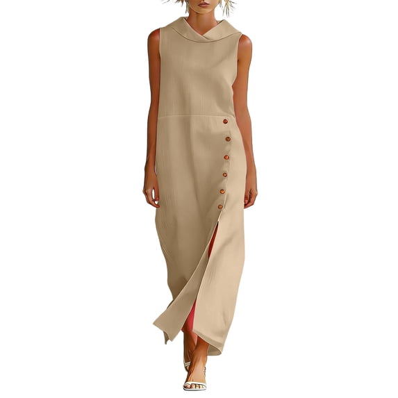 Iyufng Womens Maxi Dresses Summer Sleeveless Split Hem Dress Casual Cotton Linen Dress