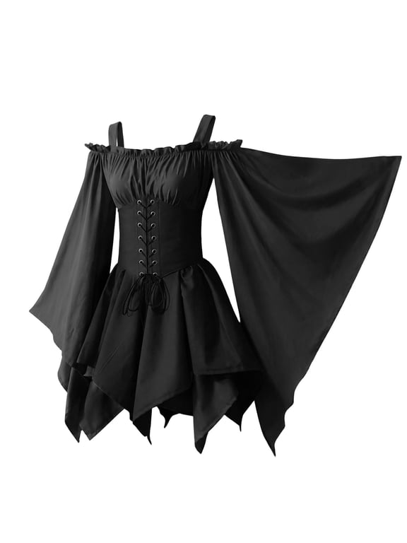 Womens Off The Shoulder Flare Sleeve Corset Mini Dresses Gothic Witch Halloween Fancy Dress