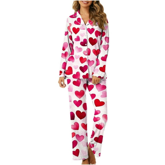 Iyufng Womens Pajama Sets Long Sleeve,Valentines Pajama Sets for Women Plus Size,Sleepwear Sets,Womens Loungewear with Pockets V-Neck Valentine's Day Love Heart Printed 2 Piece Pjs S-XXXL