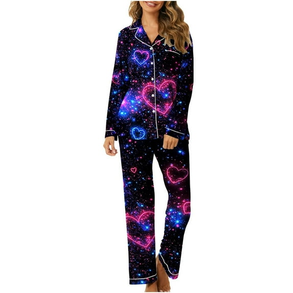 Iyufng Womens Pajama Sets Long Sleeve,Valentines Pajama Sets for Women Plus Size,Sleepwear Sets,Womens Loungewear with Pockets V-Neck Valentine's Day Love Heart Printed 2 Piece Pjs S-XXXL