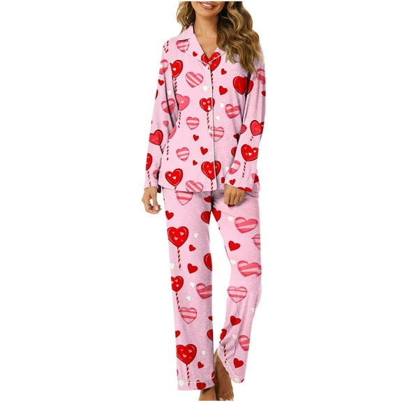 Iyufng Womens Pajama Sets Long Sleeve,Valentines Pajama Sets for Women Plus Size,Sleepwear Sets,Womens Loungewear with Pockets V-Neck Valentine's Day Love Heart Printed 2 Piece Pjs S-XXXL