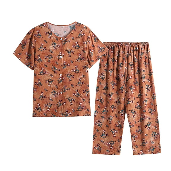 Iyufng Womens Pajama Sets,Pajama Sets for Women Button Down Plus Size,Short Sleeve Round Neck Loungewear Printed Tops Pants Set,Women's 2 Pieces Sleepwear Sets