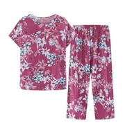 Iyufng Womens Pajama Sets,Pajama Sets for Women Plus Size,Short Sleeve Round Neck Loungewear Printed Tops Pants Set,Women's 2 Pieces Sleepwear Sets,Summer Savings Clearance