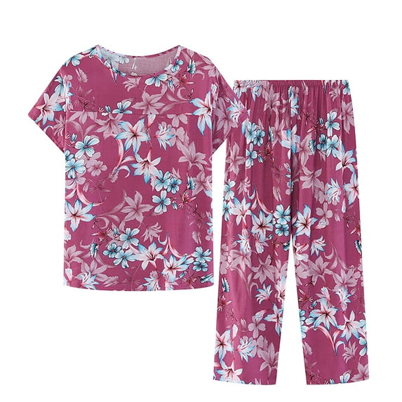 Iyufng Womens Pajama Sets,Pajama Sets for Women Plus Size,Short Sleeve Round Neck Loungewear Printed Tops Pants Set,Women's 2 Pieces Sleepwear Sets Summer