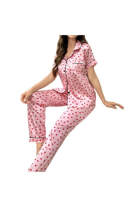 Womens Pajama Sets Short Sleeve,Valentines Day Pajama Sets for Women Plus Size,Sleepwear Sets,Valentines Love Heart Printing Leisure V-Neck Cardigan Satin Loungewear Sets S-XL