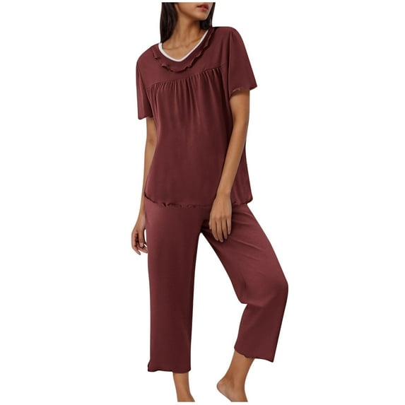 Iyufng Womens Pajamas Clearance Under $10,Loungewear Pajamas,Fashion Solid Color Short Sleeved Shirt Pants Casual Home Wear Pajama Set,Sleepwear Sets for Women,S-XXL