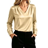 Iyufng Womens Satin Silk Blouses V‑Neck Long Sleeve Loose Casual Office ...