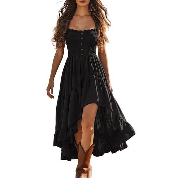 Iyufng Womens Solid Color Ruffled Spaghetti Straps Dresses Sleeveless Fitted Pleated Casual Dress