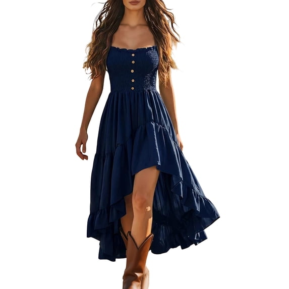 Iyufng Womens Solid Color Ruffled Spaghetti Straps Dresses Sleeveless Fitted Pleated Casual Dress