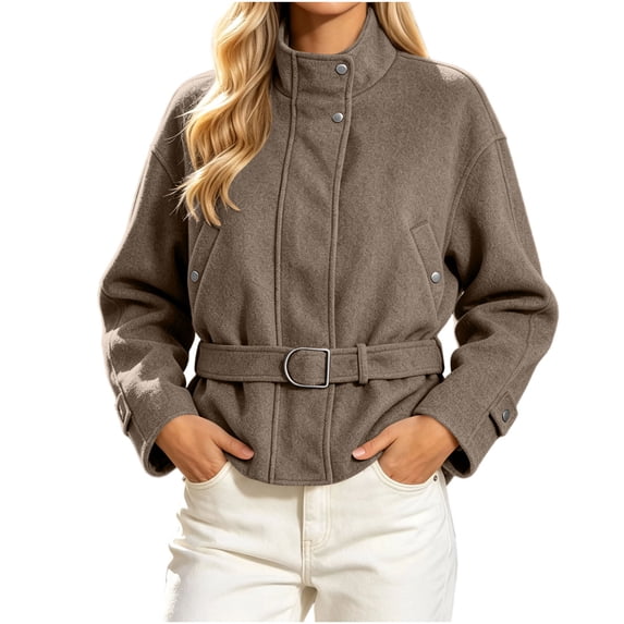 Iyufng Womens Stand Collar Tweed Jackets Long Sleeve Casual Short Coat with Belted Waist