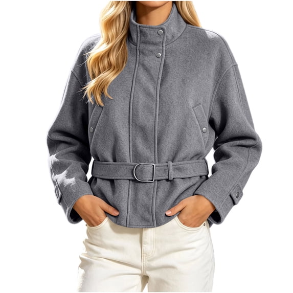 Iyufng Womens Stand Collar Tweed Jackets Long Sleeve Casual Short Coat with Belted Waist