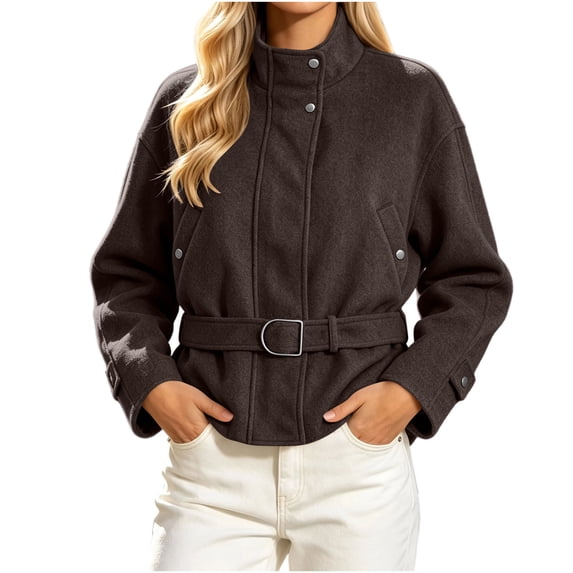 Iyufng Womens Stand Collar Tweed Jackets Long Sleeve Casual Short Coat with Belted Waist