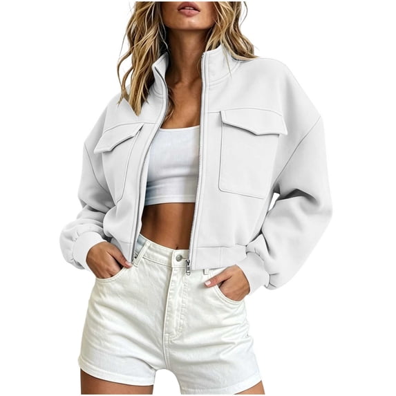 Iyufng Womens Stand Collar Zip Up Cropped Jackets Double Patch Pocket Oversized Casual Outer Coat