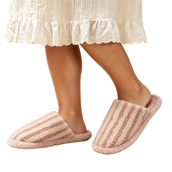 Iyufng Womens Striped Fuzzy Plush Close Toe Slippers Soft Warm Cozy Slip on Indoor House Slides