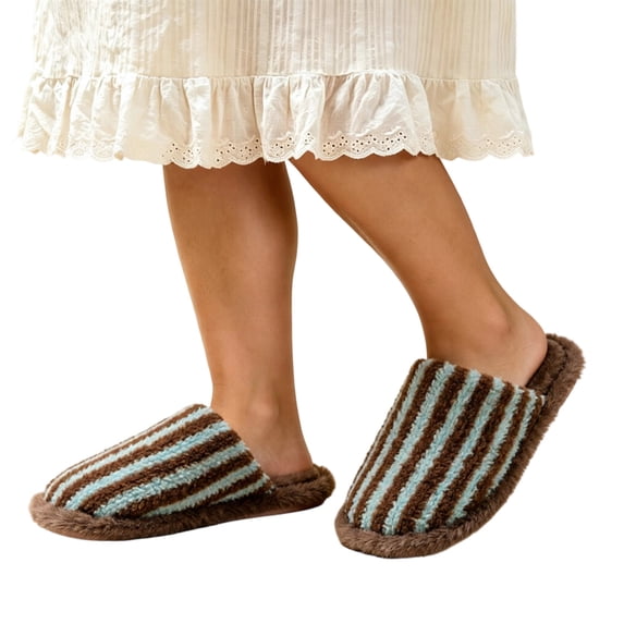 Iyufng Womens Striped Fuzzy Plush Close Toe Slippers Soft Warm Cozy Slip on Indoor House Slides