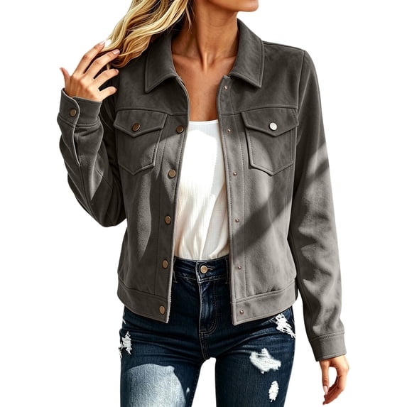 Iyufng Womens Suede Collared Jackets and Outerwear Snap Button Flap Chest Pockets Long Sleeve Short Casual Wear