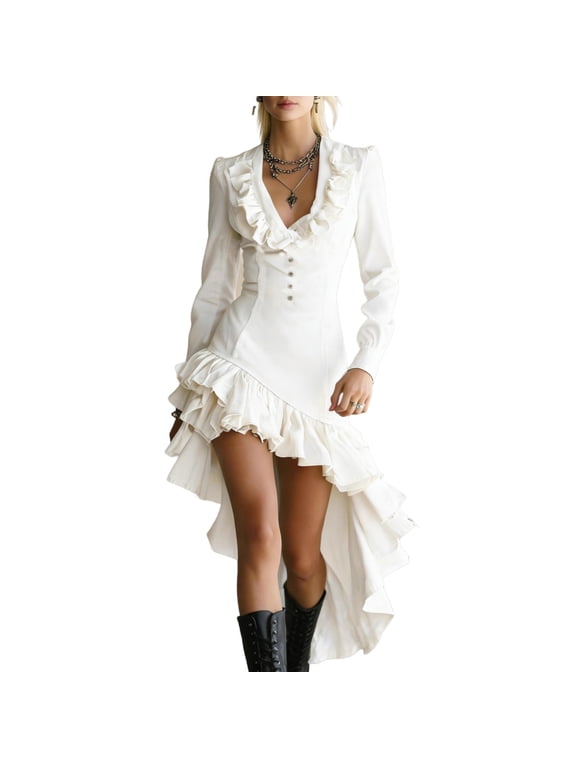 Womens Summer Fashion Casual Dresses Long Sleeve V-Neck Midi Dress Ruffled Asymmetrical Hem Dress