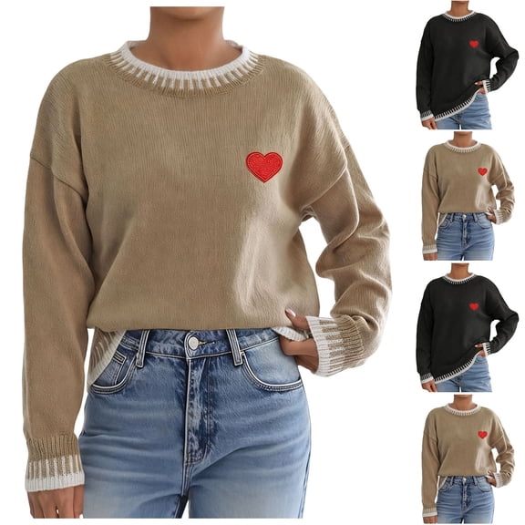 Iyufng Womens Sweaters Valentine's Day Casual Heart Printing Round Neck Long Sleeve Pullover Knitted Jumper Tops Fall/Winter Khaki,S