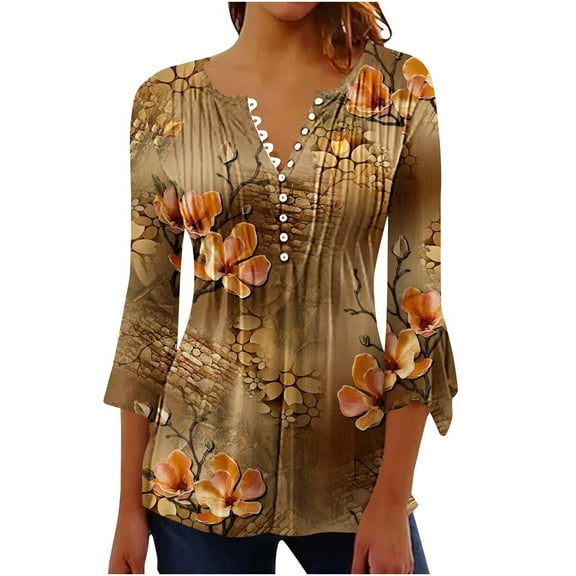 Iyufng Womens Tops 3/4 Sleeve,Shirts for Women Plus Size,V-Neck Casual Trumpet Printed Buttoned Basic Ruched Corset Tunic Tops Pleated T-shirts Blouses
