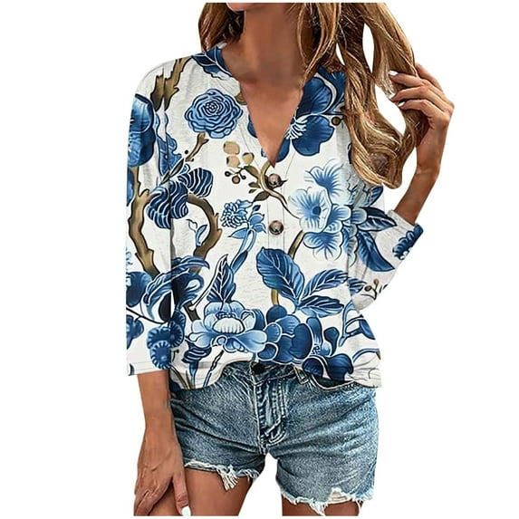Iyufng Womens Tops 3/4 Sleeve,Shirts for Women Plus Size,Women's Casual Fashion Loose V-neck Button Print Seven-quarter Sleeve Tops