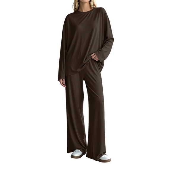 Iyufng Womens Two Piece Sets Loose Round Neck Long Sleeve Tops Elastic Waist Wide Leg Pants Loungewear Sets